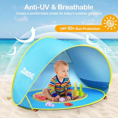 Zooawa Baby Beach Tent, Pop Up Beach Tent Sun Shade for Beach, Portable Shade Pool UV Protection Sun Shelter for Infant with Beach Sand Toys Set, No Pattern, Blue - Image 2