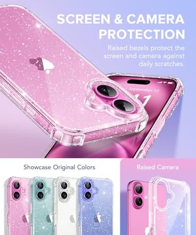 BERFY Compatible with iPhone 16 Case Glitter, [3 in 1] with Screen Protector + Camera Lens Protector, [Non-Yellowing] Clear Sparkle Slim Shockproof Hard Phone Cover for Women 6.1", Shiny Clear - Image 2