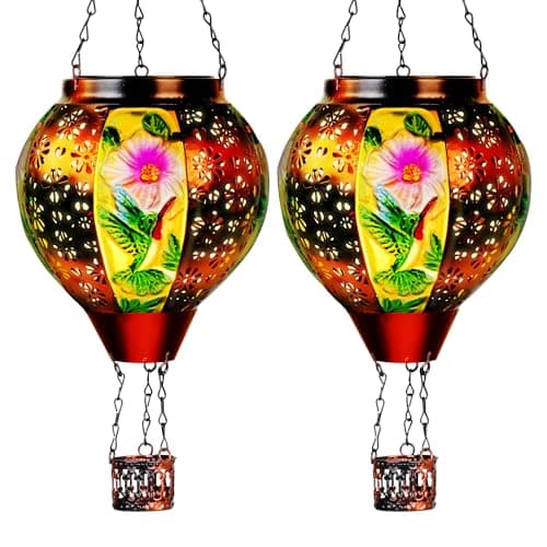 2 Pcs Hummingbird Solar Hot Air Balloon Lantern with Flame, Hot Air Balloon Decorations for Yard Porch Decor, Glass Large Hanging Outdoor Decor, Solar Lantern Waterproof, Hummingbird Gardening Gifts - Image 1