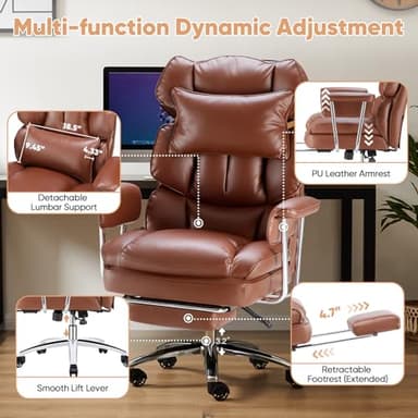 Sweetcrispy Executive Home Office Desk Chair - Ergonomic Big Tall High Back with Footrest & Lumbar Support, Reclining Height Adjustable, Comfy PU Leather Computer Gaming with Swivel Wheels, Brown - Image 7