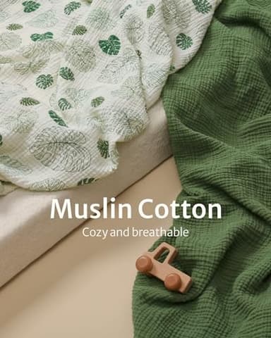 Blissful Diary Muslin Mini Crib Sheets, Pack and Play Mattress Sheets Fitted for Pack N Play, Soft Cotton for Boys Girls, 2 Pack(Monstera&Dark Green) - Image 2