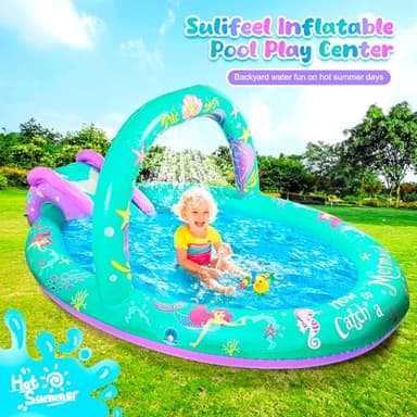 SULIFEEL Mermaid Inflatable Play Center Kiddie Pool with Slide and Sprinkler for Children, 96''x59''x39'' Baby Pool for Backyard and Garden, Free Inflatable Pump - Image 2