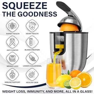 Eurolux Premium Electric Orange Juicer | Stainless Steel Citrus Squeezer With New Ultra-Powerful Motor and Soft Grip Handle for Effortless Juicing, Auto Shutoff, Dishwasher-safe Parts, Pulp Control - Image 8