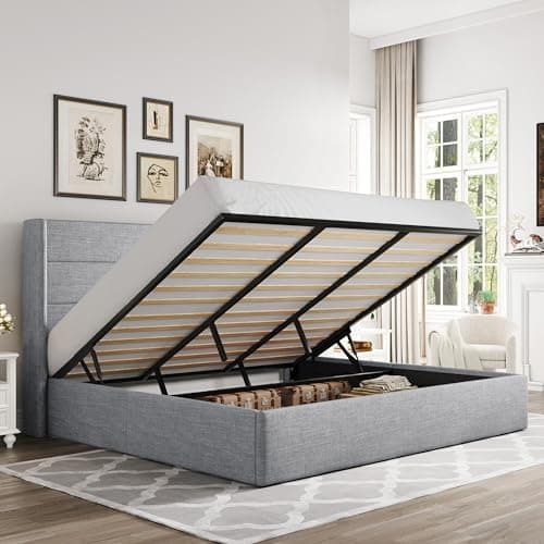 Allewie King Size Lift Up Storage Bed, Modern Wingback Headboard, Hydraulic Support, No Box Spring Needed, Light Grey - Image 1