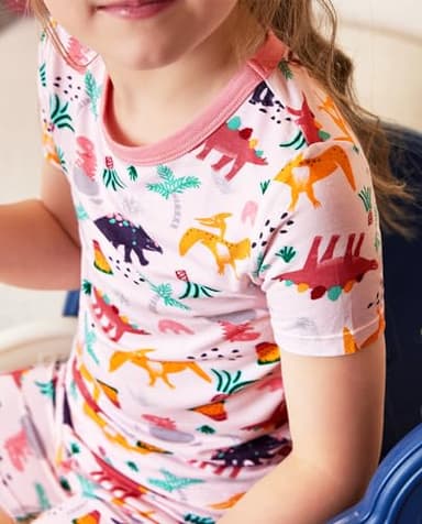 babee Reshinee Bamboo Viscose Toddler Girls Kids Pajama Sets Short Summer Cool Snug fit Sleepwear Pjs 2pcs Set 4-5Y Pink Dino - Image 6