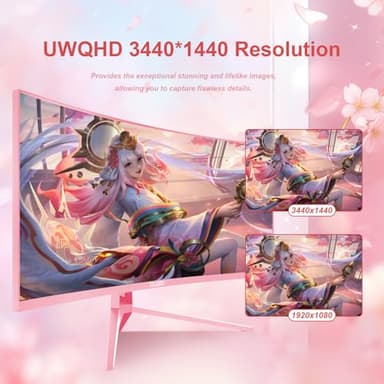DJiEX 34 inch Pink Ultrawide Curved Computer Gaming Monitor 165Hz UWQHD 3440x1440,1500R -PIP,1ms (MPRT),HDR, 300nits, sRGB99%,FreeSync,HDMI2.0(TMDS) x2,DP1.4 x2,Eye Care,Support Wallmount 75x75mm - Image 2