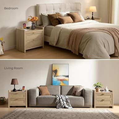 SICOTAS Rattan Nightstands Set of 2 Bedside Table - Bedroom Night Stand with Type-C Charging Station, 2 Drawers Storage - Boho Night Stands End Table for Bedroom Office - Light Oak - Image 6