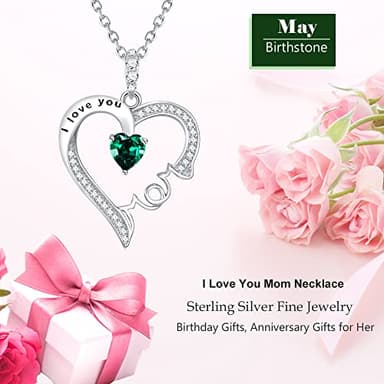 May Birthstone Emerald Jewelry Birthday Gifts for Mom I Love You Mom Sterling Silver Love Heart Pendant Necklace - Image 2