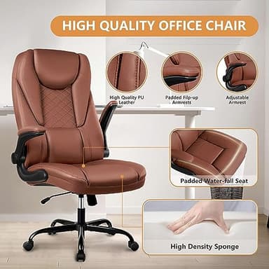 Guessky Big and Tall Office Chair with Flip-Up Arms High Back Desk Leather Office Chair with Lumbar Support, Brown - Image 6