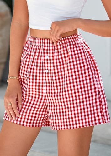 PRETTYGARDEN Womens Shorts Boxers 2025 Summer Gingham Pajama Lounge Sleep Y2K Plaid Pj Shorts Beach Bottoms(Red,Large) - Image 8