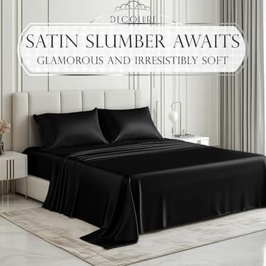 DECOLURE Satin Bed Sheets - 4 Piece Luxury Silky Queen Size Bedding Set - Softer Than Silk, Wrinkle-Free with 15” Deep Pocket Fitted Sheet, Perfect for Hair & Skin, Gifts for Women (Black) - Image 2