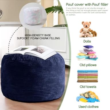 HIGOGOGO Round Stuffed Pouf Ottoman, Corduroy Poufs with Foam Chunk Filling, Furry and Fluffy Pouf Foot Stool Storage Ottoman, 20 X 15 Floor Poufs Foot Rest for Living Room, Navy - Image 4