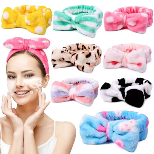 UMIKU 8 Pack Spa Headband for Women Facial Makeup Headband Soft Coral Fleece Christmas Stocking Stuffers Bow Hair Band Head Wraps for Washing Face Mask Spa Gifts For Women Gifts Basket - Image 1