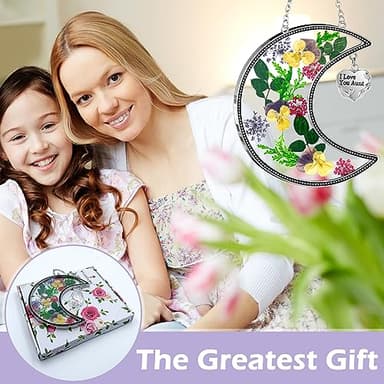 KY&BOSAM Moon Suncatchers Aunt Gifts for Mom Family Friends Stained Glass for Windows Wind Chimes Real Flower Colorful and Metal I Love You Aunt Heart Chain Outdoor for Garden Indoor Home Trees Decor - Image 6