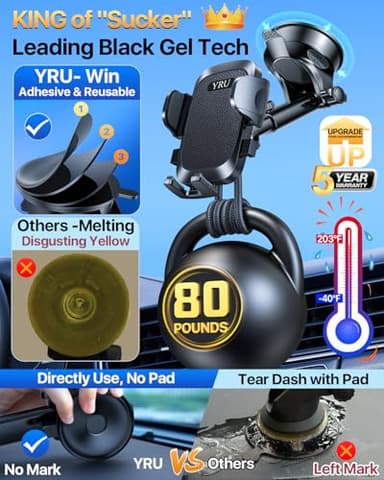 YRU [True Upgrade for Safety] Car Phone Holder Mount [Patent & Military-Grade] Dashboard Cell Phone Holder for Car Vent Windshield Phone Stand for iPhone 17 16 15 14 13 Pro Max Truck Samsung, Black - Image 4