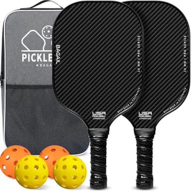 BAGAIL Pickleball Paddles, USAPA Approved Fiberglass Surface Pickleball Set, Lightweight Pickle Ball Rackets with 4 Balls, 1 Bag, Designed in California for Traction and Stability - 2 Pack, Black - Image 1