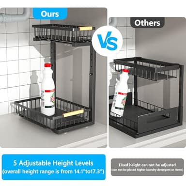 Merrylun Under Sink Organizers for Kitchen,5 Adjustable Height，Metal Pull Out and Storage Shelves with Sliding Drawer, Bathroom, Black, 2 Pack（Hight 13.6″-16.9″） - Image 3