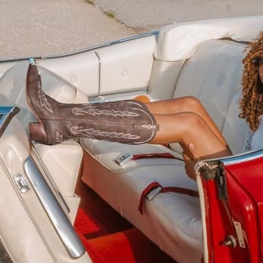 Cowboy Boots for Women Brown Cowgirl Knee High Boots with Classic Embroidered Pull On Pointed Toe Chunky Heel Vintage Wedding Country Tall Western Boots Size 8 - Image 4