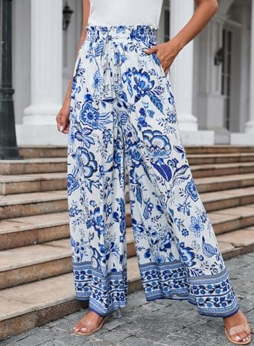 Dokotoo Womens Fashion Fall 2025 High Waist Drawstring Wide Leg Long Pants with Pockets Blue and White Porcelain Print Oversize Soft Lounge Yoga Trousers for Women Office Beach Pants Blue XL - Image 4