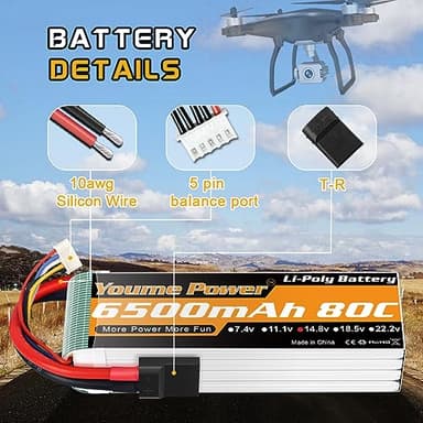 Youme 4S Lipo Battery, 14.8V Lipo 4S 6500mAh 80C with Tr Plug Fit for Maxx X-Maxx RC Buggy Truggy Crawler Truck Car, Helicopter, Airplane (2Packs) - Image 4