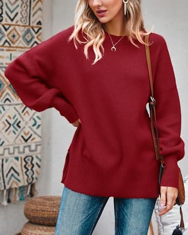 Imily Bela Womens Oversized Tunic Sweaters Fall Slouchy Long Sleeve Ribbed Knit Side Slit Pullover Jumper Tops Red - Image 2