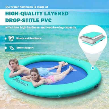 ACOMUZI 8FT Water Hammock Inflatable Floating Dock, Round Floating Ring Lake Floats for Adults, Heavy Duty Pool Float Raft for Ocean and Lake, Mint Green Blue - Image 2