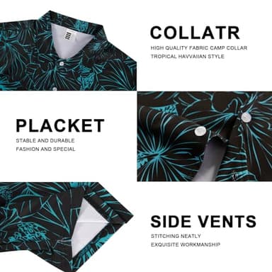 BOJIN Men's Hawaiian Wrinkle Free Short Sleeve Button Down Tropical Floral Beach Vacation Shirt A025 Blue Lines Flowers Black L - Image 5