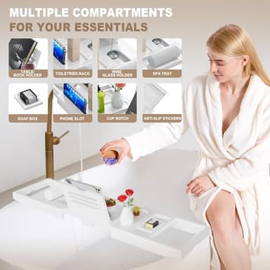 Yirilan Foldable Bamboo Bathtub Tray, Modern Rectangular Bathroom Tray, White, Suitable for Toiletries, Drinks - Image 3