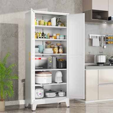 RISTERN White Metal Storage Cabinet,75" Steel Cabinets for Home Office, Kitchen Pantry Storage Cabinet with Doors and 5 Adjustable Shelves, Tool Cabinets, for Office, Home, Garage, School - Image 9
