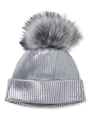 The Drop Women's Holly Faux Fur Pom Pom Beanie, Silver, One Size - Image 1