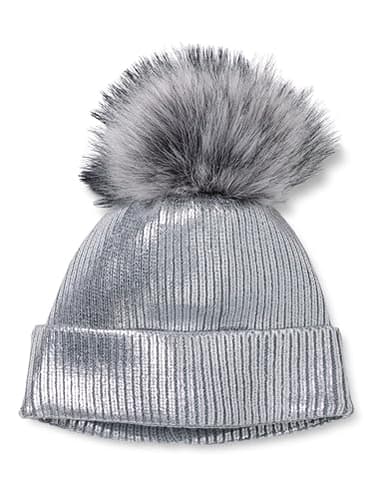 The Drop Women's Holly Faux Fur Pom Pom Beanie, Silver, One Size - Image 1