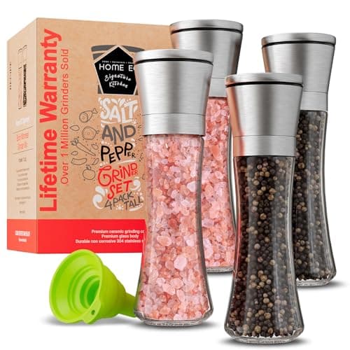 Home EC Original Stainless Steel Sea Salt and Pepper Grinder Set of 4 - Adjustable Ceramic - Tall Glass Salt and Pepper Shakers Mills - Modern Kitchen Spice Mill W/Funnel & EBook - Image 1
