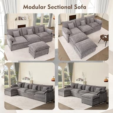 GOSUHI 142.5" U Shaped Couch, Modular Sectional Sofa, 3-Seater Comfy Cloud Couch with Movable Ottoman, Deep Seat Couches for Living Room, Chenille, Slate - Image 8