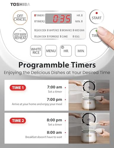 Toshiba Mini Rice Cooker, 3 Cups Uncooked Small Rice Cooker, Steamer & Warmer, With Fuzzy Logic And One-Touch Cooking, 24 Hour Delay Timer And Auto Keep Warm Feature, White - Image 7