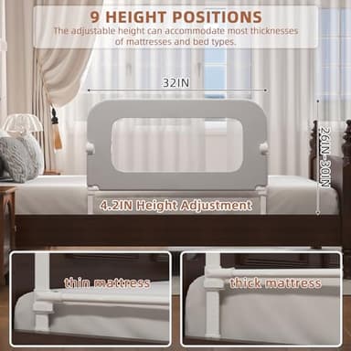 FigTime Bed Rail for Toddlers, Baby Bed Rail Guard for Kids, Toddler Bed Rails with Reinforced Anchor Fit, Height Adjustable & Foldable Bed Rail Guard for Twin, Full, Queen & King Beds (Grey, 32IN) - Image 3