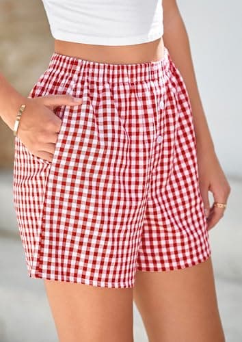 PRETTYGARDEN Womens Shorts Boxers 2025 Summer Gingham Pajama Lounge Sleep Y2K Plaid Pj Shorts Beach Bottoms(Red,Large) - Image 3
