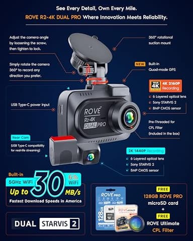 ROVE R2-4K Dual PRO Dash Cam Front and Rear, True 4K+2K Dash Camera for Cars, STARVIS 2 IMX678 + IMX675 Sensors, Free 128GB Card + CPL, WiFi 6 - up to 30MB/s Download Speed, 3" IPS, 24Hr Parking Mode - Image 3