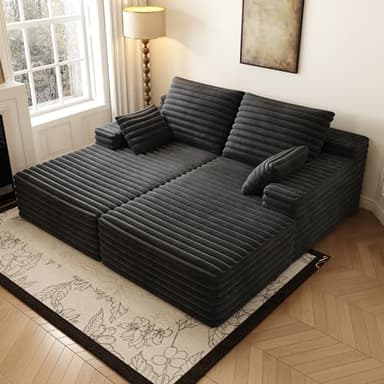 80” Oversized Double Lounge Chaise,Cloud Plush Sofa Bed,Upholstered Boneless Cloud Sofa Deep Seat,No Assembly Required,Modern Corduroy Sleeper Loveseat Chair for Living Room Bedroom Reading,Black - Image 1