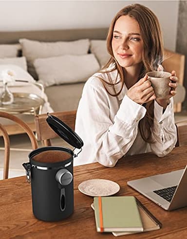 HAIOOU Large Coffee Canister, 38OZ Oversized Stainless Steel Coffee Bean Storage Container with Date Tracker, Measuring Scoop, CO2 Releasing Valves for Beans, Grounds and more - Black - Image 6