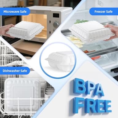 YANGRUI Food Containers 8 Inch 34 oz 55 Pack - Shrink Wrap BPA Free Mineral Filled PP Plastic Container | Reusable Freezer & Microwave Safe Meal Prep Takeout | White Heavy Duty Clamshell Lunch Boxes - Image 4