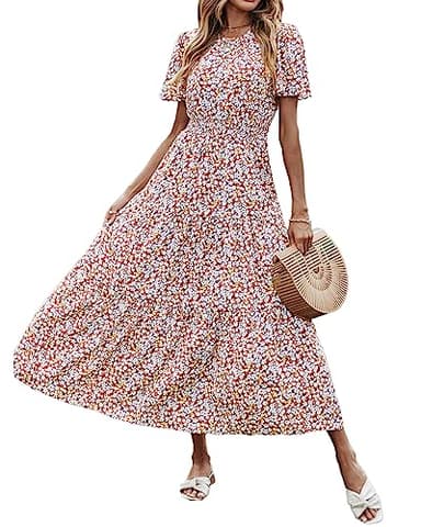 PRETTYGARDEN Women's Summer Casual Short Flutter Sleeve Round Neck Smocked Waist Tiered Boho Floral Flowy Maxi Dress(Floral and Leave Brown White,XX-Large) - Image 1