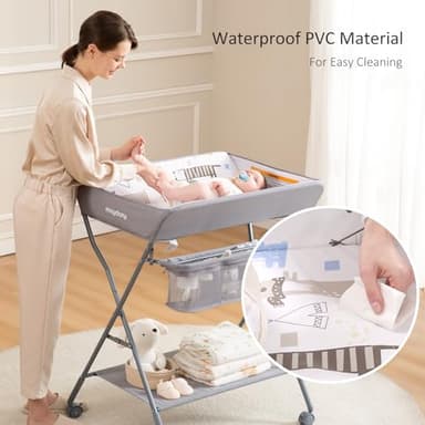 Baby Changing Table with Wheels, Maydolly Portable Adjustable Height Folding Diaper Station with Nursery Organizer & Storage Rack for Newborn Baby and Infant (Light Grey) - Image 4