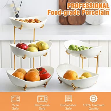 HOMKULA Ceramic Fruit Bowl for Kitchen Counter - 3 Tier Fruit Basket with Metal Stand, Tiered Fruit Stand for Countertop, Snack, Nuts, Cake, Dessert, Small & Cute (Gold) - Image 2