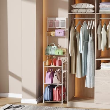 X-cosrack Tall Purse Organizer Storage Rack for Women,6-Tier Floor-Standing Purse Rack Shelf,Narrow & High-Capacity Handbag Organizer,Bag Organizer Stand ＆ Purse Holder Hanger for Small Place,White - Image 4