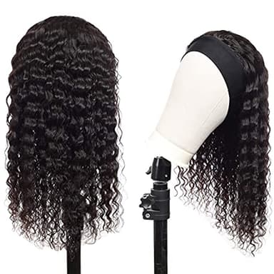 Headband Wig Human Hair Deep Wave Wigs 24 inch Brazilian Human Hair Headband Wigs for Black Women Glueless Non Lace Front Wig Machine Made Curly Deep Wave Headband Wig 150% Density Natural Color - Image 2