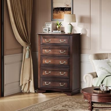WLIVE Farmhouse Dresser for Bedroom, Tall Wood Dresser with 5 Drawer, Chest of Drawers with Roman Metal Handle for Living Room, Hallway, Closet, Brown - Image 8