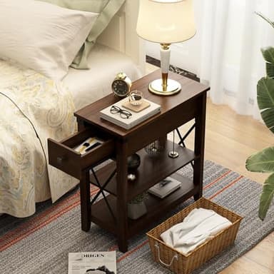 Awescuti Narrow End Table with Charging Station - Farmhouse Slim Side Table Set of 2, w/USB Ports Power Outlets, Nightstand w/Flip Top Storage Drawer, for Small Spaces Living Room Bedroom, Walnut - Image 4