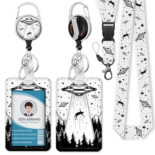 Piefly Lanyards for Id Badges, Badge Holder with Retractable Badge Reel Clip, Art UFO Night Work Card Name Tag Keychain Lanyard Vertical ID Card Protector for Women Nurse Doctor Teacher Student - Image 1