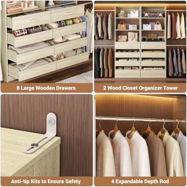 Aheaplus Closet System, 6-15Ft Closet Organizer with 8 Wooden Drawers, Wood Closet Organizer System with Tower, Walk-in Closet Organizer Wardrobe Garment Clothes Rack with 4 Hanging Rods, White Oak - Image 3