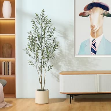 LOMANTO Artificial Olive Trees, 6 ft Tall Fake Olive Trees for Indoor, Faux Olive Silk Tree, Large Olive Plants with White Planter for Home Decor and Housewarming Gift, 1 Pack - Image 2